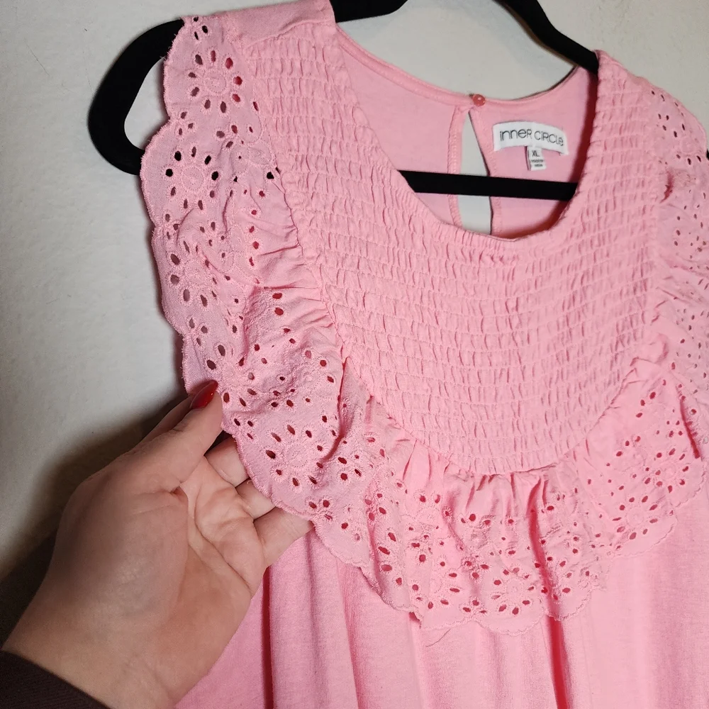 NWT Inner Circle 100% Cotton Pink Smocked Eyelet Sleeveless Top Size XL - Picture 2 of 15